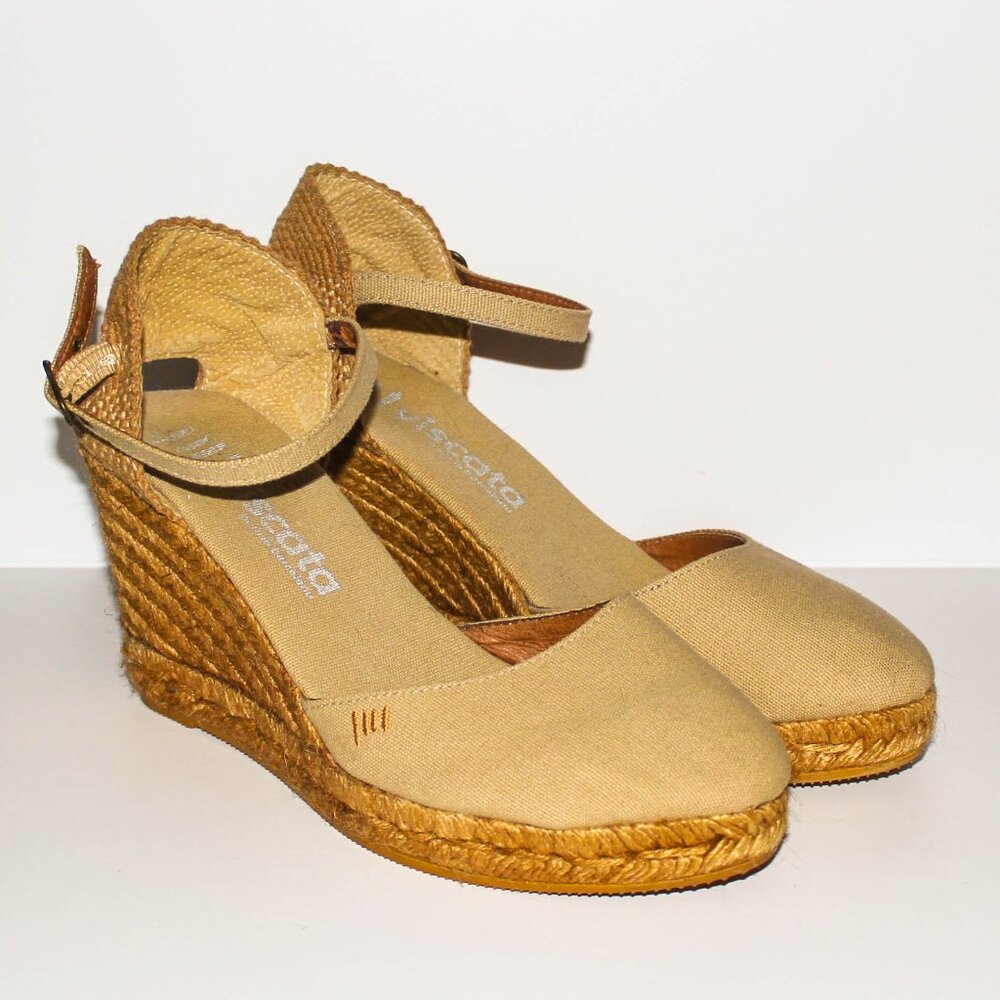 Beige Canvas Espadrille Wedges - Picture 2 of 5